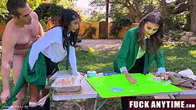 Hot teen sluts get freeused with blowjob and doggystyle pussy licking by taboo teacher in group study session!