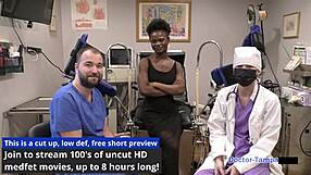 Why does petite nurse Rina Arem spread her shaved pussy during this checkup?