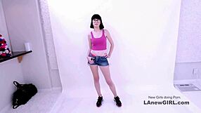 Beautiful brunette seduced by producer during modeling audition on sofa