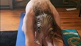 whoa sexy vee bends in naked yoga flashing her big saggy tits and wet pussy