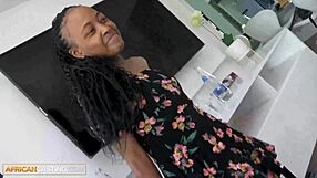 Tattooed ebony bikini model deepthroats director's monster cock then fucks doggystyle in casting