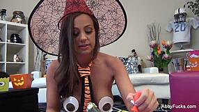 abigail mac contrasts big tits and brunette allure in intriguing halloween pussy solo masturbation