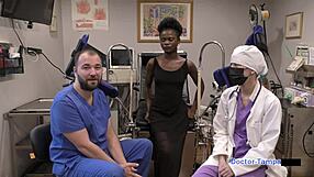 Why does petite nurse Rina Arem spread her shaved pussy during this checkup?