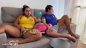 brazilian slut wife flashes pussy fucks during brasil game pov