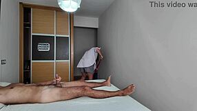 Hotel cleaning lady watches me jerk off my huge cock right in front of her