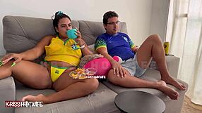 brazilian slut wife flashes pussy fucks during brasil game pov