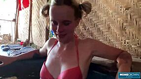 Blonde tattoo babe rides big cock cowgirl for lover's creampie.