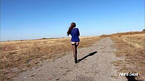 Leggy Brunette Flaunts Natural Tits Stockings in Erotic Outdoor Homemade Tease