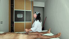 Hotel cleaning lady watches me jerk off my huge cock right in front of her