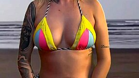 beach girl grabs waiter's hard cock bulge to feel