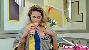 Charming Brazilian shemale Bella Atrix rides fucking machine dildo cumshot solo