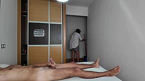 Hotel cleaning lady watches me jerk off my huge cock right in front of her
