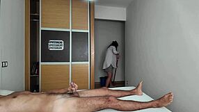 Hotel cleaning lady watches me jerk off my huge cock right in front of her
