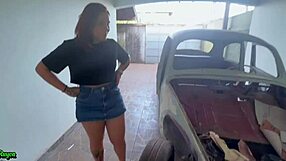 Young brazilian fucks old cuckold in car while he watches pussy pounding
