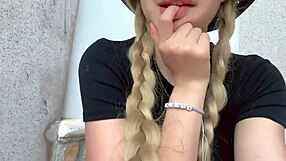 cute blonde teen rubs pink clit squirts wildly in stepdad's lush garden