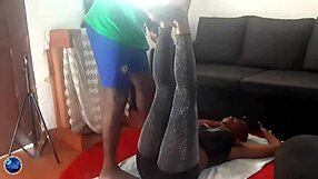 gym trainer bends ebony over for sloppy blowjob doggystyle pounding her sexy ass deep