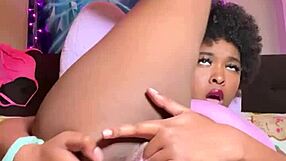 Ebony babe squirts creamy from intense double penetration anal