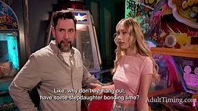 Petite skinny teen stepdaughter deepthroats daddy facefucked outdoors at arcade