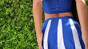 super hot cheerleader flashes natural tits and teases naked outdoors for neighbors