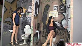 Stepmom and Stepdaughter Slobber Big Cock in Public Toilet Gloryhole