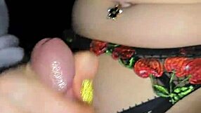 milf with big pussy lips and pierced nipples jerks hubby's cock then rides huge dildo in crotchless panties