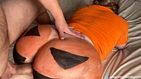 Big Ass Halloween Pumpkin Busty Blonde Olivia Bay Rides Huge Cock Rough with Cum