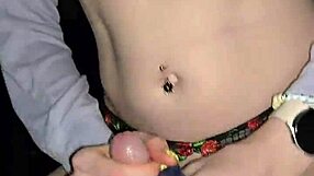 milf with big pussy lips and pierced nipples jerks hubby's cock then rides huge dildo in crotchless panties