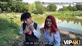 sexy redhead shows red lingerie to boyfriend before public outdoor fuck pickup