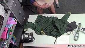 Skinny blonde teen shoplifter caught bent over by old mall cop rough