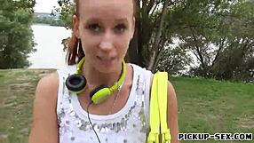 Slim Eurobabe Flashes Then Sucks And Bangs Two Cocks Outdoors