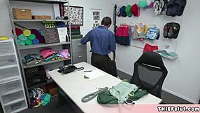 Skinny blonde teen shoplifter caught bent over by old mall cop rough