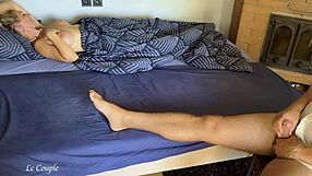 hot blonde milf wakes up to roommate jerking off, gets horny and joins with her big tits.