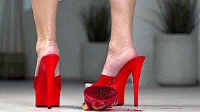 petite brunette crushes fruits barefoot then in high heels foot fetish tease