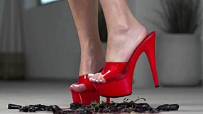 petite brunette crushes fruits barefoot then in high heels foot fetish tease