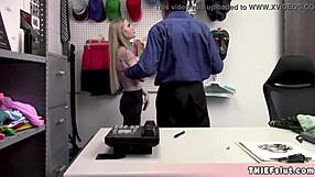 Skinny blonde teen shoplifter caught bent over by old mall cop rough