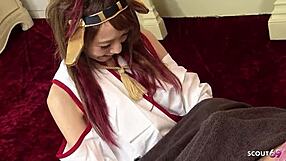 petite japanese cosplay girl with small tits narrow ass seduces into first uncensored blowjob cum in mouth