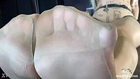 Goddess Legs in Flesh Tights Tease Desk Closeup Foot Nylon Pantyhose Toes Worship