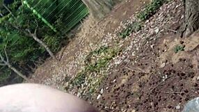 Asian babe strips naked outdoors for wild masturbation show