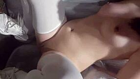 Asian babe strips naked outdoors for wild masturbation show