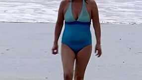 wife strips naked on beach flashing pussy urine to lure man for public fuck?