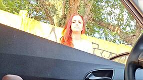 damn risky public masturbation by hot college redhead in miniskirt on street 🚗💦