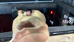 Goddess Legs in Flesh Tights Tease Desk Closeup Foot Nylon Pantyhose Toes Worship