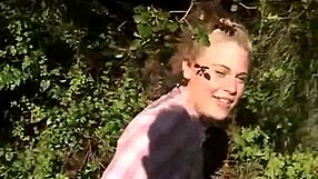 hey, this sexy 18+ blonde teen lesbian is fingering her pussy outdoors so hot