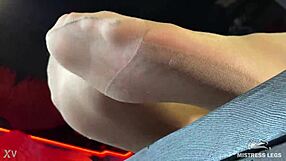 Goddess Legs in Flesh Tights Tease Desk Closeup Foot Nylon Pantyhose Toes Worship