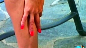 Backyard stripping turns curvy brunette to banging