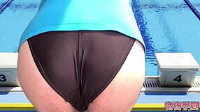 Crossdressing slut ejaculates in women's swimsuit masturbation