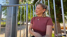 Blonde Mads Flores fingers pierced nipples flashes pussy masturbates blows cock on public hike POV