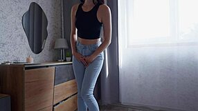 crying latina teen neighbor wets jeans panties in desperate real pee accident