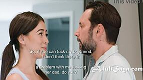 Curvy teen cutie catches fat stepdad fapping at slumber party then rides his cock