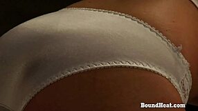 Naughty oiled lesbian slave bound by femdom mistress gets fingered massaged licks pussy to orgasm